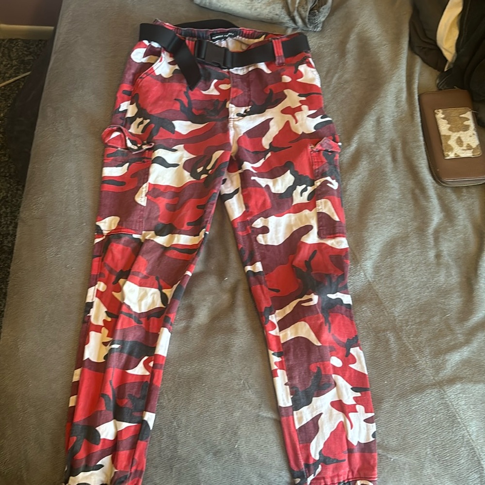Red,black and white camo cargo pants